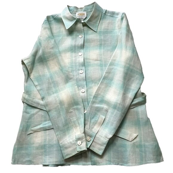 Talbots Petites Irish Linen Button Up Shirt w Belt sz 10P Blue Plaid Coastal - Picture 7 of 9